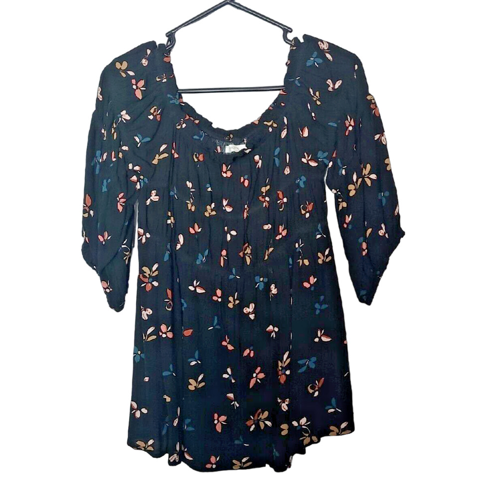 Maurices Floral‎ Peasant Top Black Smocked Off Shoulder 3/4 Sleeve Blouse Medium